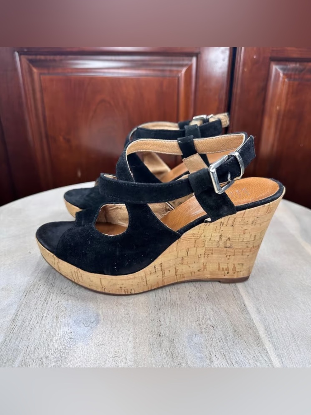 Time and Tru Black Suede Cork Wedge Sandals